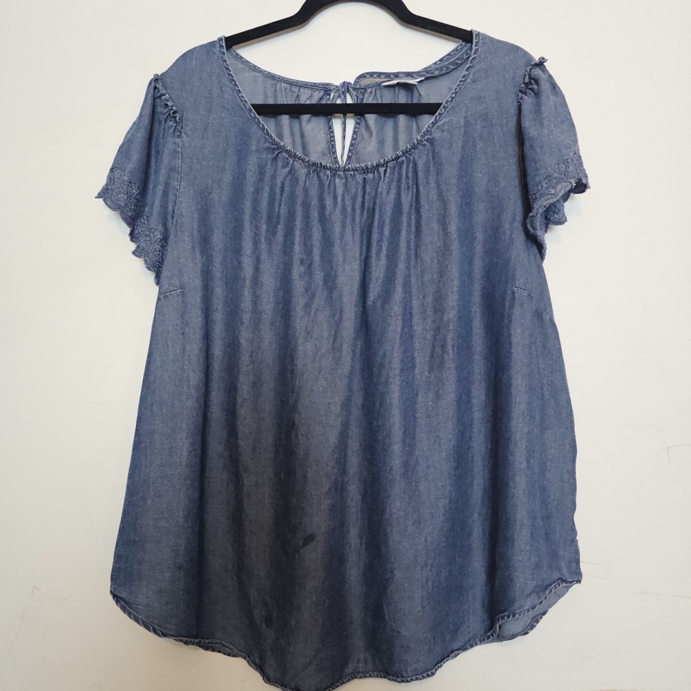 LC Lauren Conrad Denim Chambray Top 2X PLUS‎ Blue Flutter Sleeve Shirt Boho